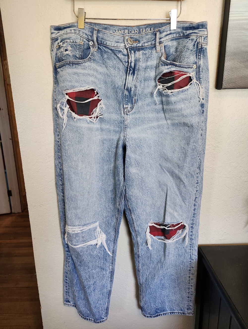 American Eagle Light Wash Distressed Ankle Jeans with Red Plaid Patches